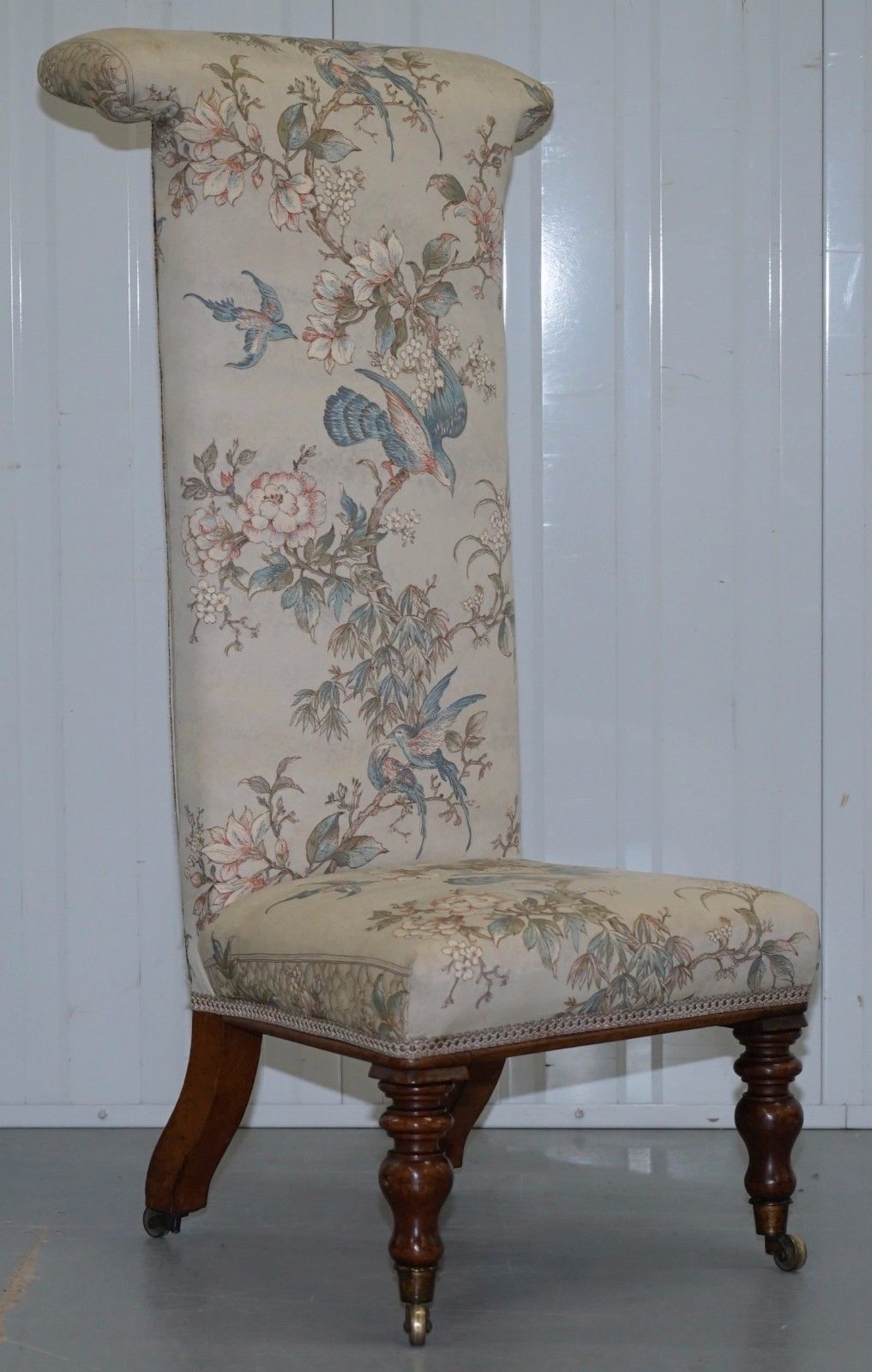 Victorian-Mahogany-Prayer-Chair-Part-Of-Suite-Silk-Floral-Birds-Upholstery-_-Vinterior